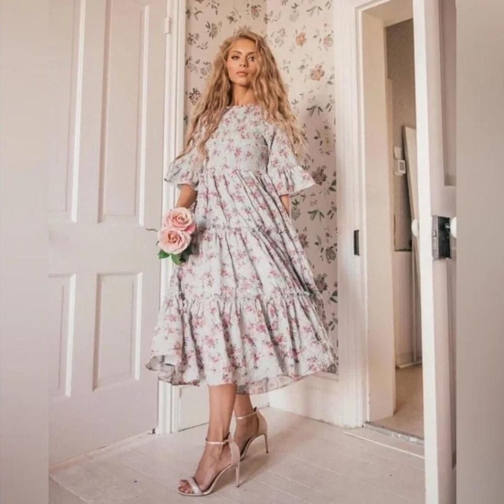 JessaKae Pastel Floral Midi Dress in White and Pink